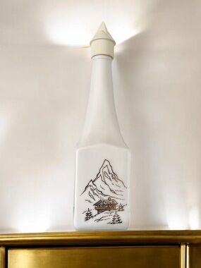 Vintage Mid Century Milk Glass Alpine Bottle with Chalet Illustration ~ EUC